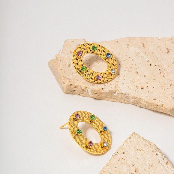 18K Gold Plated Textured Circle Earrings*Multi Color Zircon Earrings*Colorful - Picture 6 of 7